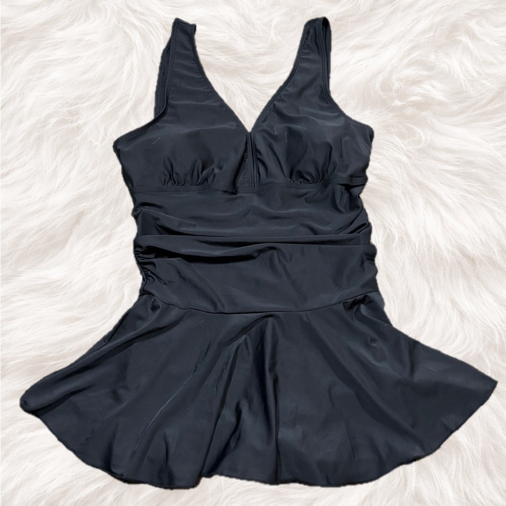 Marina West Black Swim Dress L NWT UPF 50+ One Piece Flowy Skirted Swimsuit